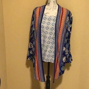 2X Figuerca&flower Mock Layer Blouse w/Bell Sleeve